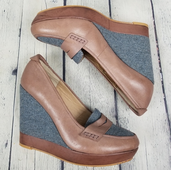 SPLENDID | herringbone fabric & leather slip-on wedge preppy loafers shoes - Picture 2 of 11